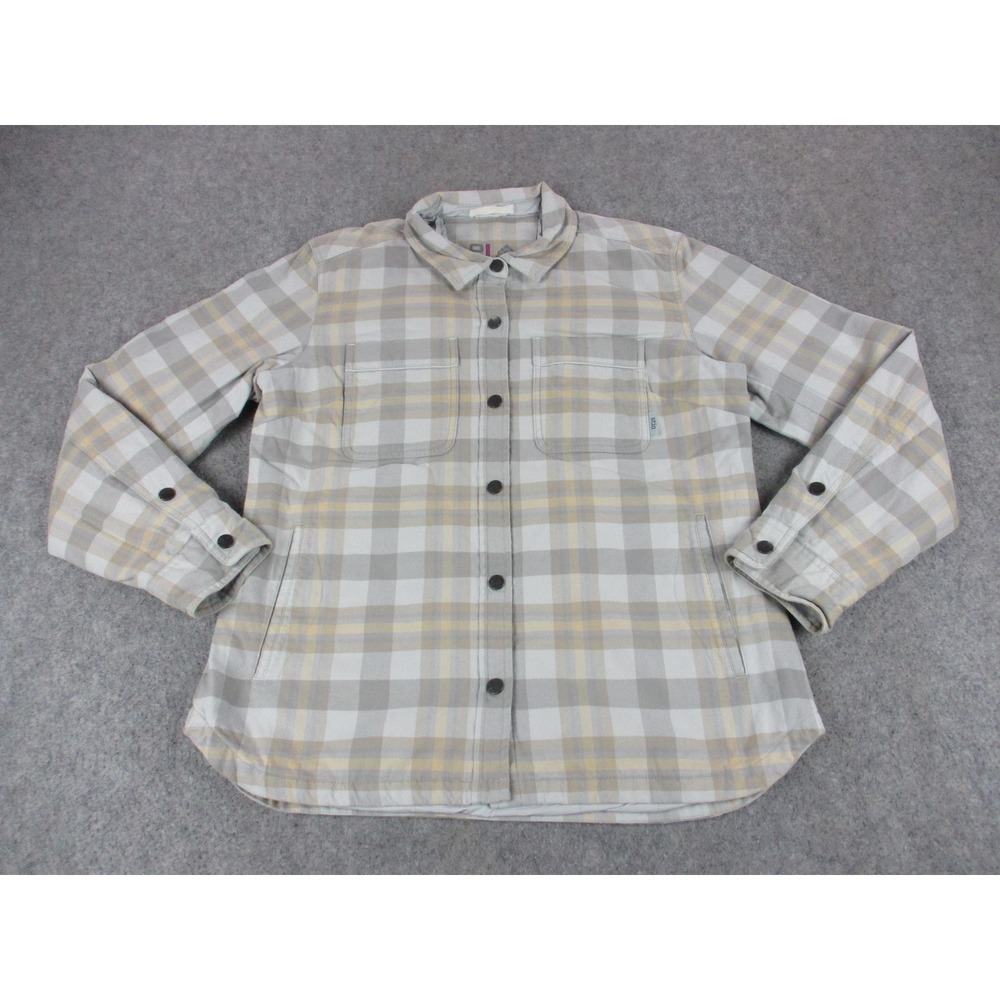 Stio Shirt Mens Large Gray Beige Plaid Lined Padded Snap Twill Flannel Shacket